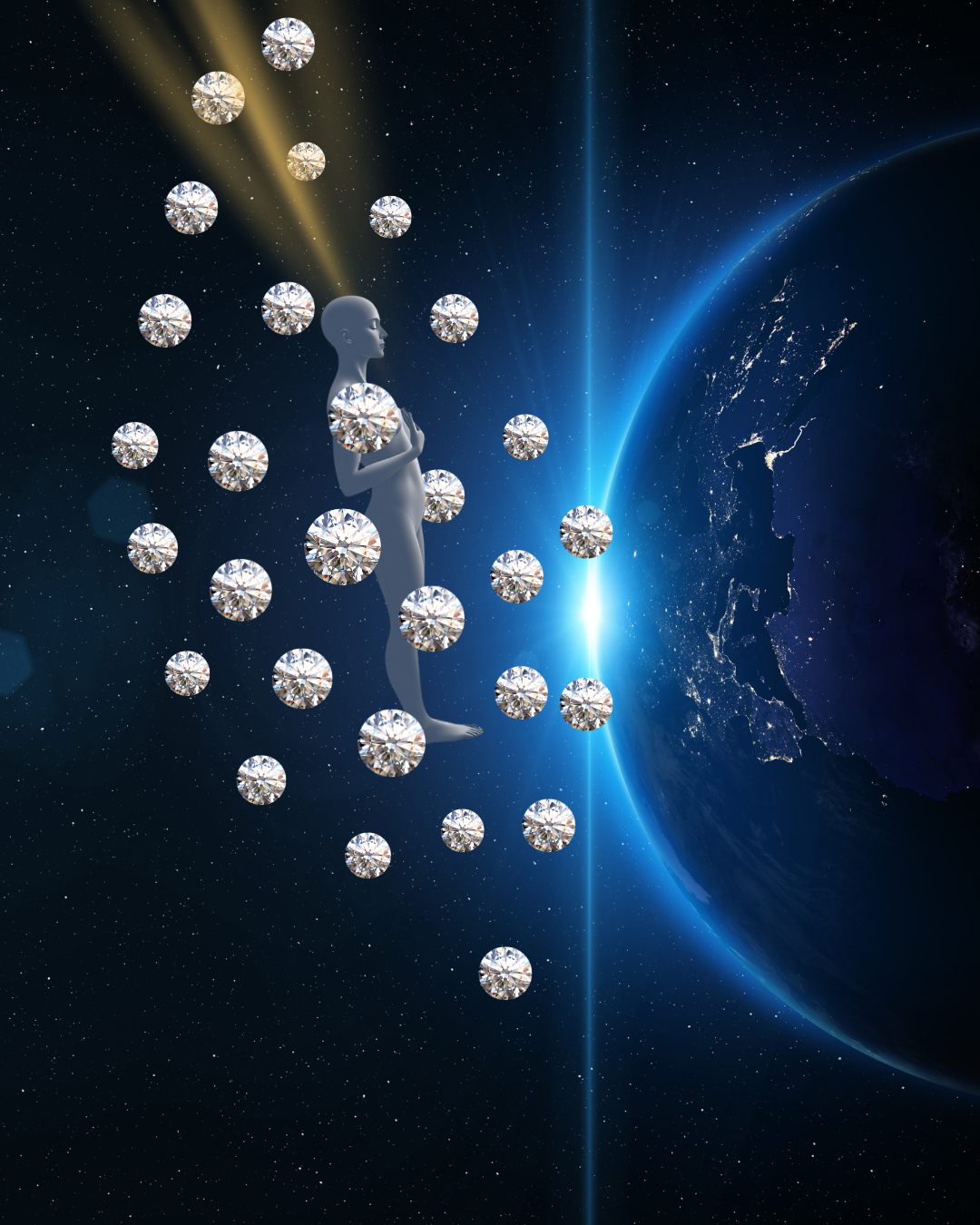 Photo of earth from space. A figure floats surrounded by a swirl of diamonds. A golden shaft of light shines on the figure's crown. Author, Canva.